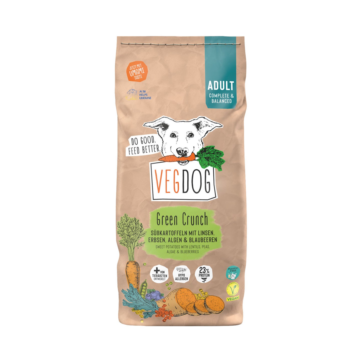 VEGDOG Hundefutter "Green Crunch" mit Süßkartoffel, Linsen, Erbsen, Algen & Blaubeeren - 2kg | vegan