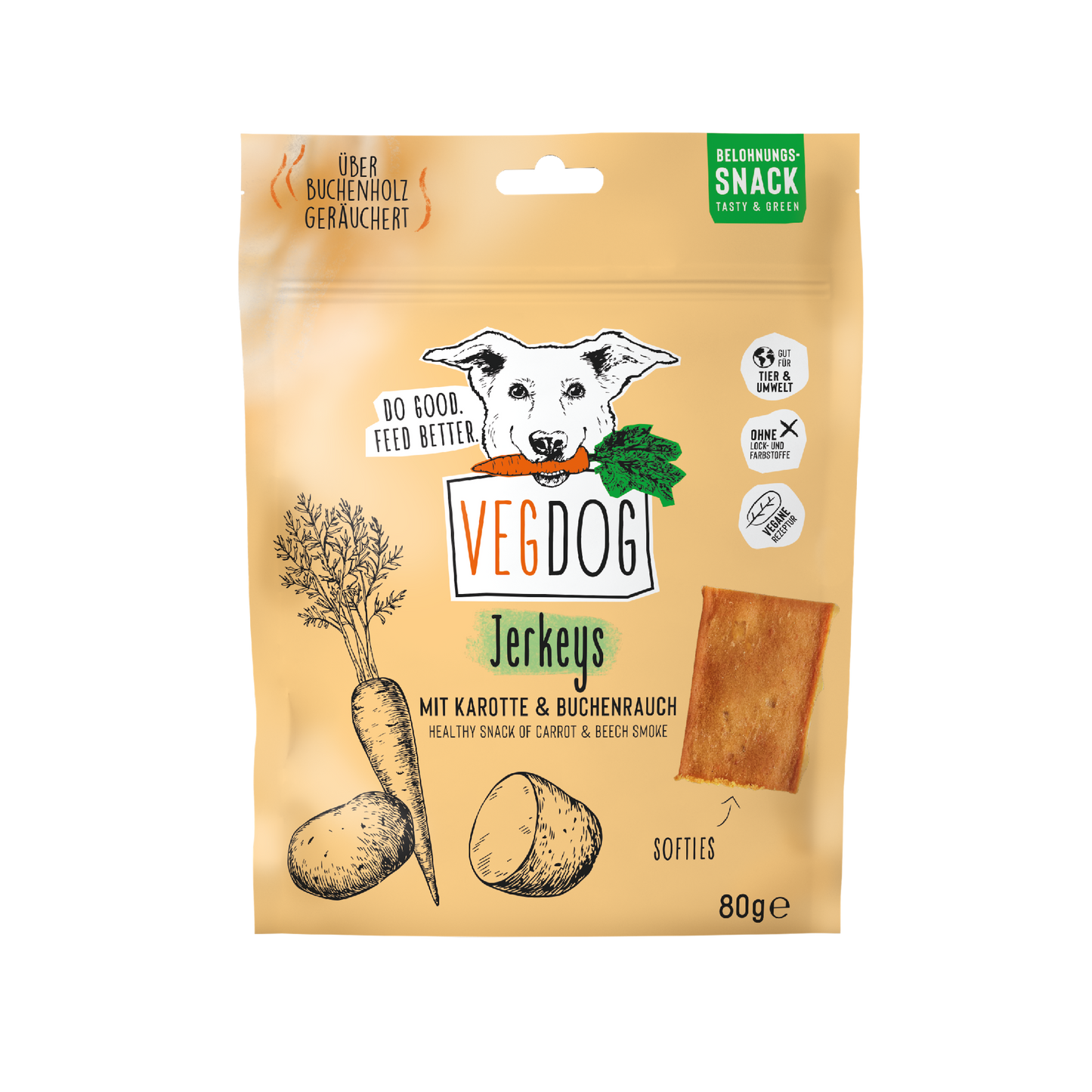 VEGDOG Hundeleckerlies "Jerkeys" mit Karotte & Buchenrauch - 80g | vegan