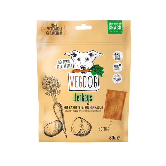 VEGDOG Hundeleckerlies "Jerkeys" mit Karotte & Buchenrauch - 80g | vegan
