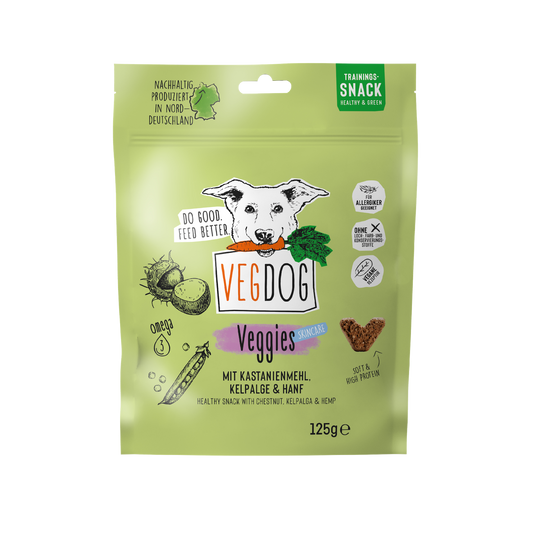 VEGDOG Hundetrainingssnack "VEGGIES skincare" mit Favabohne, Sanddorn & Kurkuma - 125g | vegan