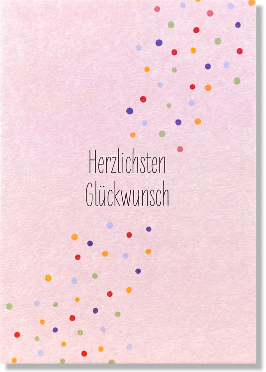 KEITCARDS Postkarte aus Holzschliffkarton in rosa mit bunten Punkten "Herzlichsten Glückwunsch" | DIN A6