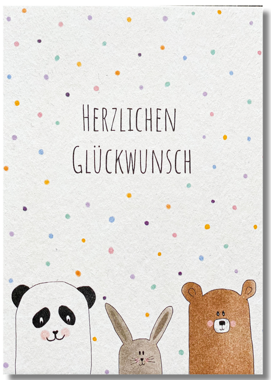 KEITCARDS Postkarte aus Holzschliffkarton mit Panda, Hase, Bär & bunten Punkten "3 Freunde - Herzlichen Glückwunsch" | DIN A6