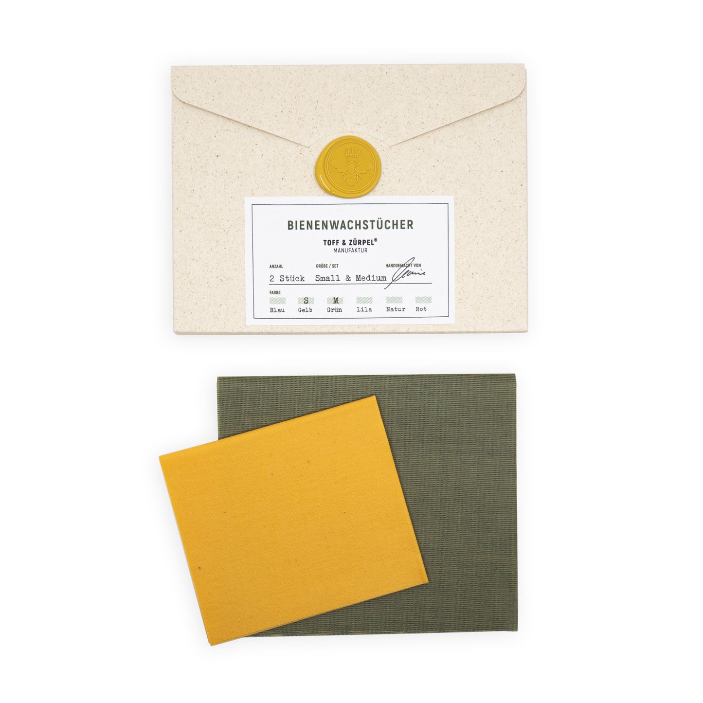 TOFF & ZÜRPEL®  SET Bienenwachstücher S (gelb, 21x18cm) & M (grün, 28x24cm) | 2 Stück
