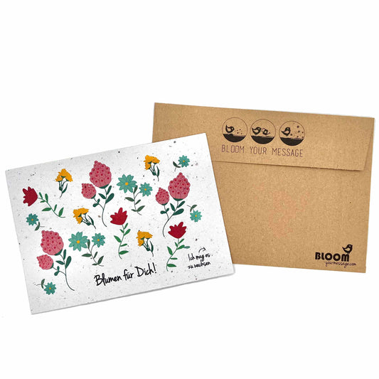 BLOOM YOUR MESSAGE bunte Blumenkarte "Blumen für dich" mit Blumensaatgut | 100% recyceltes Material