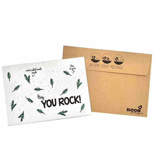 BLOOM YOUR MESSAGE grüne Kräuterkarte "Hey, you rock!" mit Rucula-Saatgut | 100% recyceltes Material