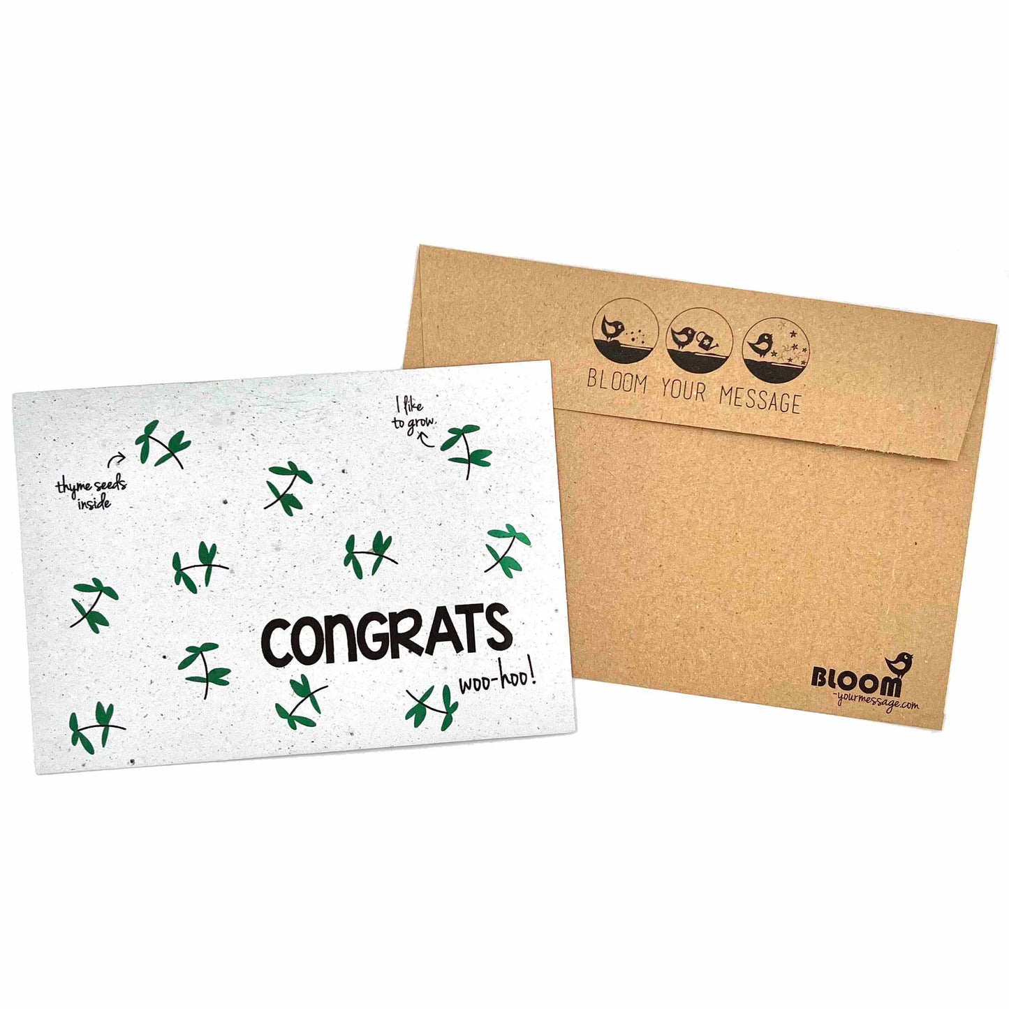 BLOOM YOUR MESSAGE grüne Kräuterkarte "Congrats woo-hoo!" mit Thymian-Saatgut | 100% recyceltes Material