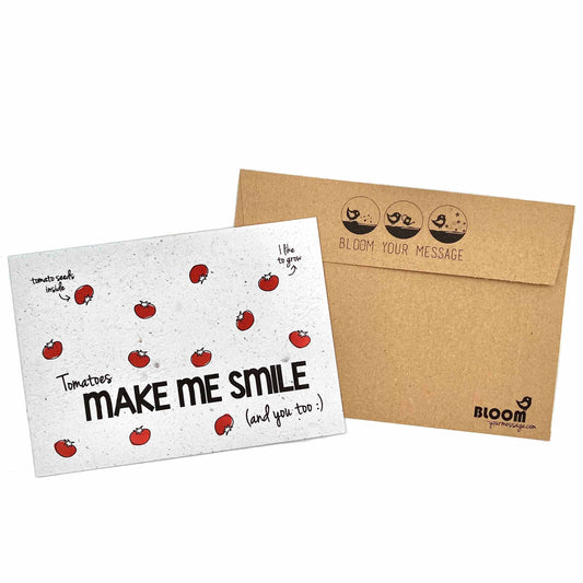 BLOOM YOUR MESSAGE bunte Gemüsekarte "Tomatoes make me smile - and you too" mit Tomaten-Saatgut | 100% recyceltes Material