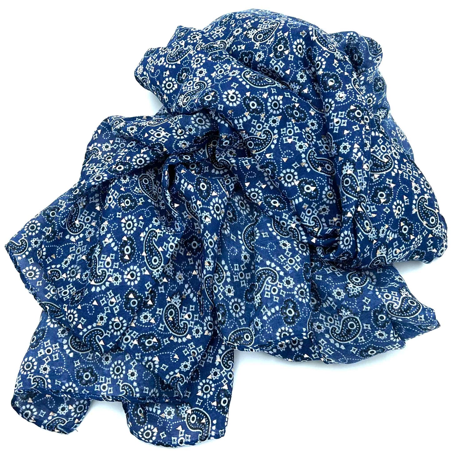 ZAZA`Z leichter Schal mit blau-weißem Firgurenmuster und goldenen Dreiecken | 180x90cm | Viskose
