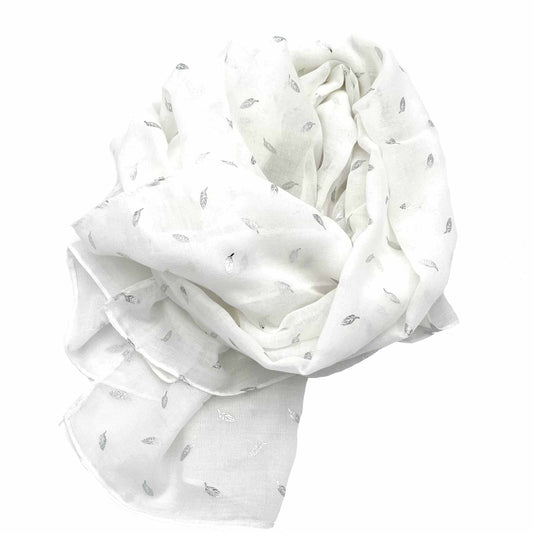 ZAZA`Z weißer und leichter Schal mit kleinen silbernen Blättern | 180x70cm | Viskose/Baumwolle