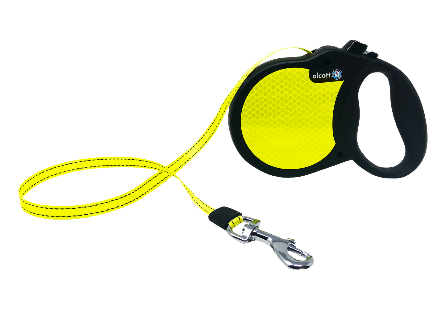 ALCOTT Reflektierende gelbe NEON Rollleine mit breitem Gurt | Bremstaste & Dauerstop | 5m Länge