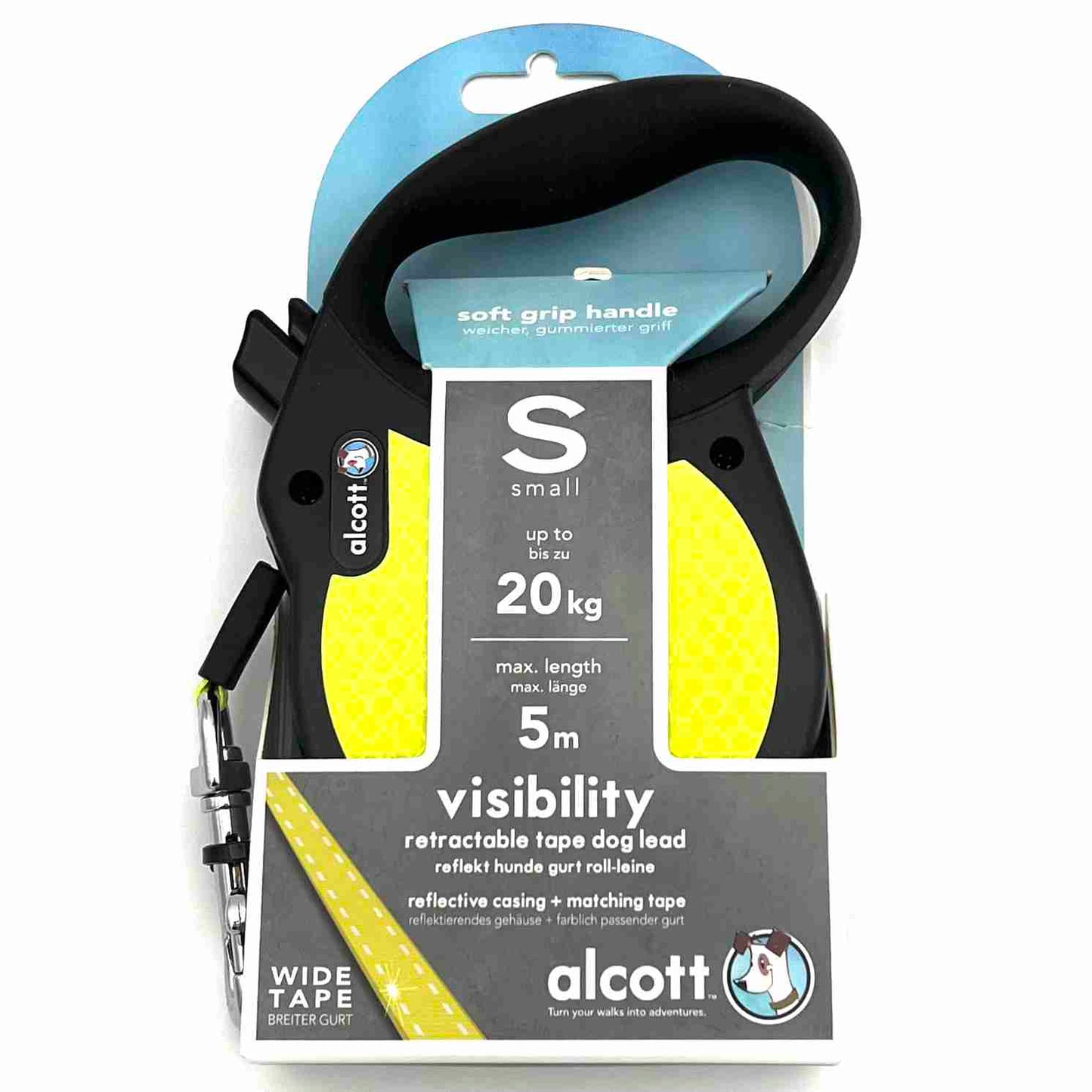 ALCOTT Reflektierende gelbe NEON Rollleine mit breitem Gurt | Bremstaste & Dauerstop | 5m Länge