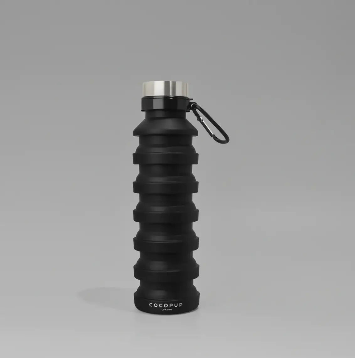 COCOPUP LONDON faltbare Wasserflassche TO GO aus Silikon (BPA-frei) mit Karabiner | schwarz