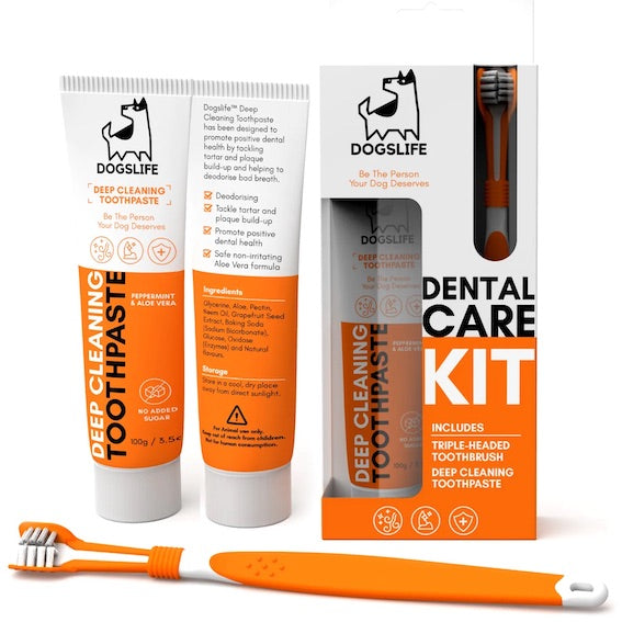 DOGSLIFE Zahnpflegeset mit dreiköpfiger Zahnbürste und 100g natürliche Zahnpasta | Dental Care Kit