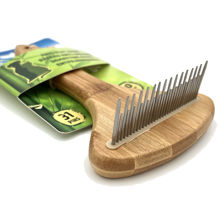 DUVO+ ergonomische Bamboo Entfilzerharke mit 31 Pins für dickes, langes, lockiges & drahtifes Fell| reinigt & massiert | Hunde & Katzen