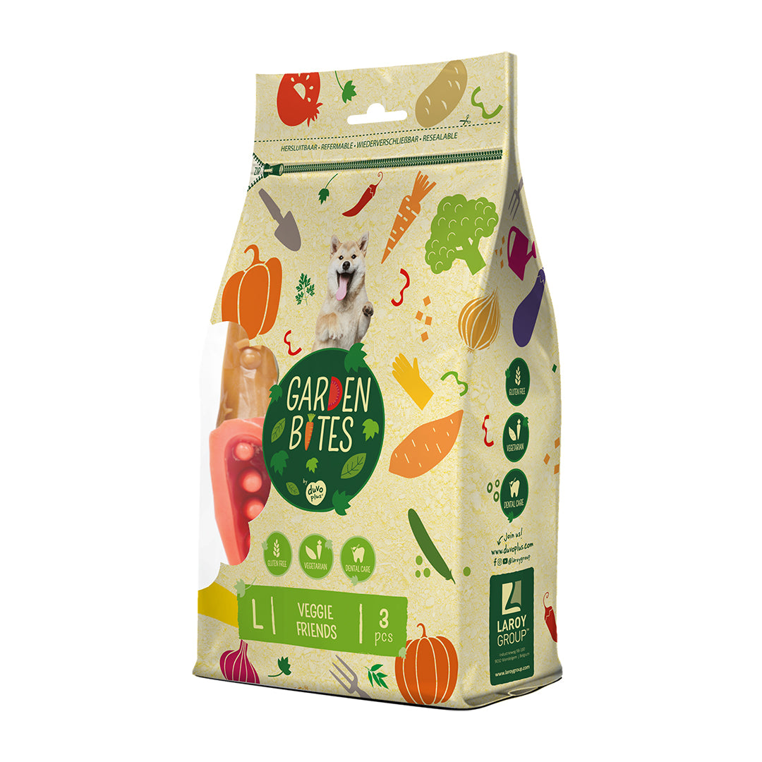 DUVO+ Garden Bites Veggie Friends | Zahnpflege für Hunde im wiederverschließbarem Beutel | vegetarisch & glutenfrei | Größe S oder L | 270g
