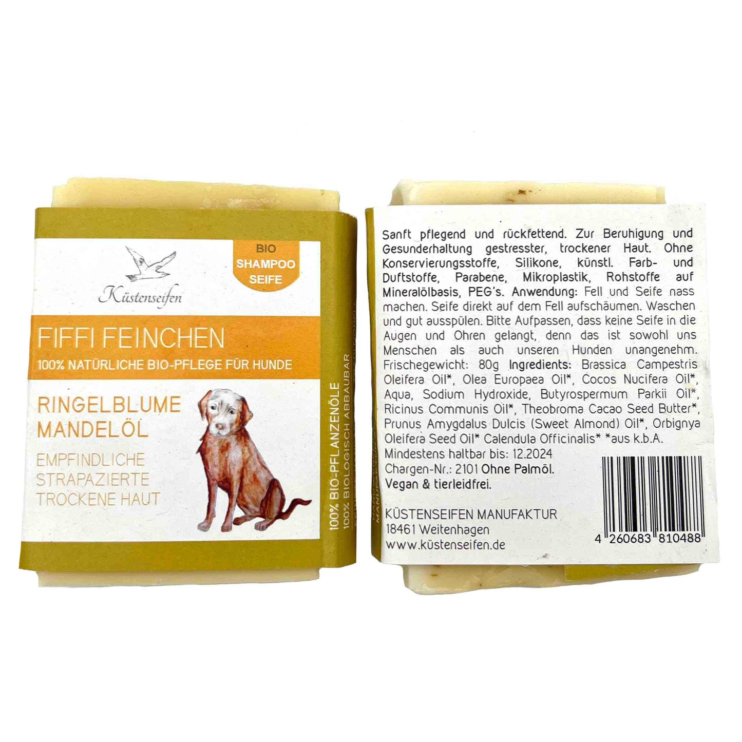 KÜSTENSEIFEN MANUFAKTUR handgesiedete Hundeseife für empfindliche und trockene Haut | 80g | natürliche Pflege | vegan