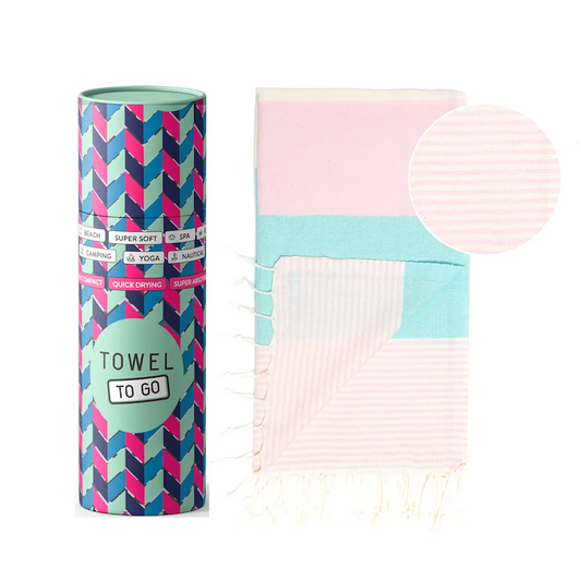 TOWEL TO GO Palermo mint & pink | handgefertigtes Hammamtuch / Baumwolltuch / Baumwolldecke | Reisehandtuch | extra saugstark | 100% reine Baumwolle | vegan