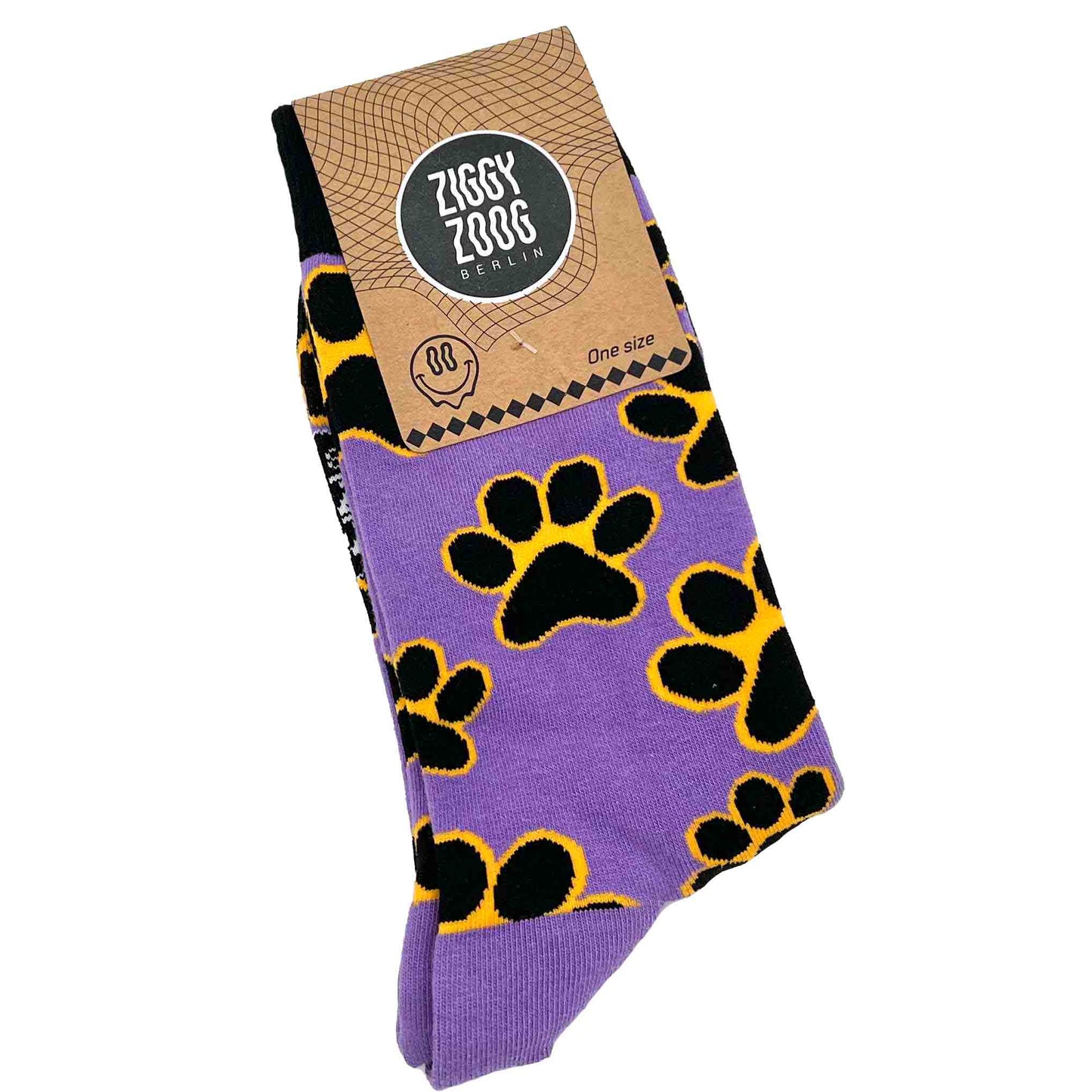 ZIGGI ZOOG Socken mit Pfotenabdrücken "Purple Paws" | schwarz, lila & gelb | Baumwolle, Polyamide, Elastan | one size